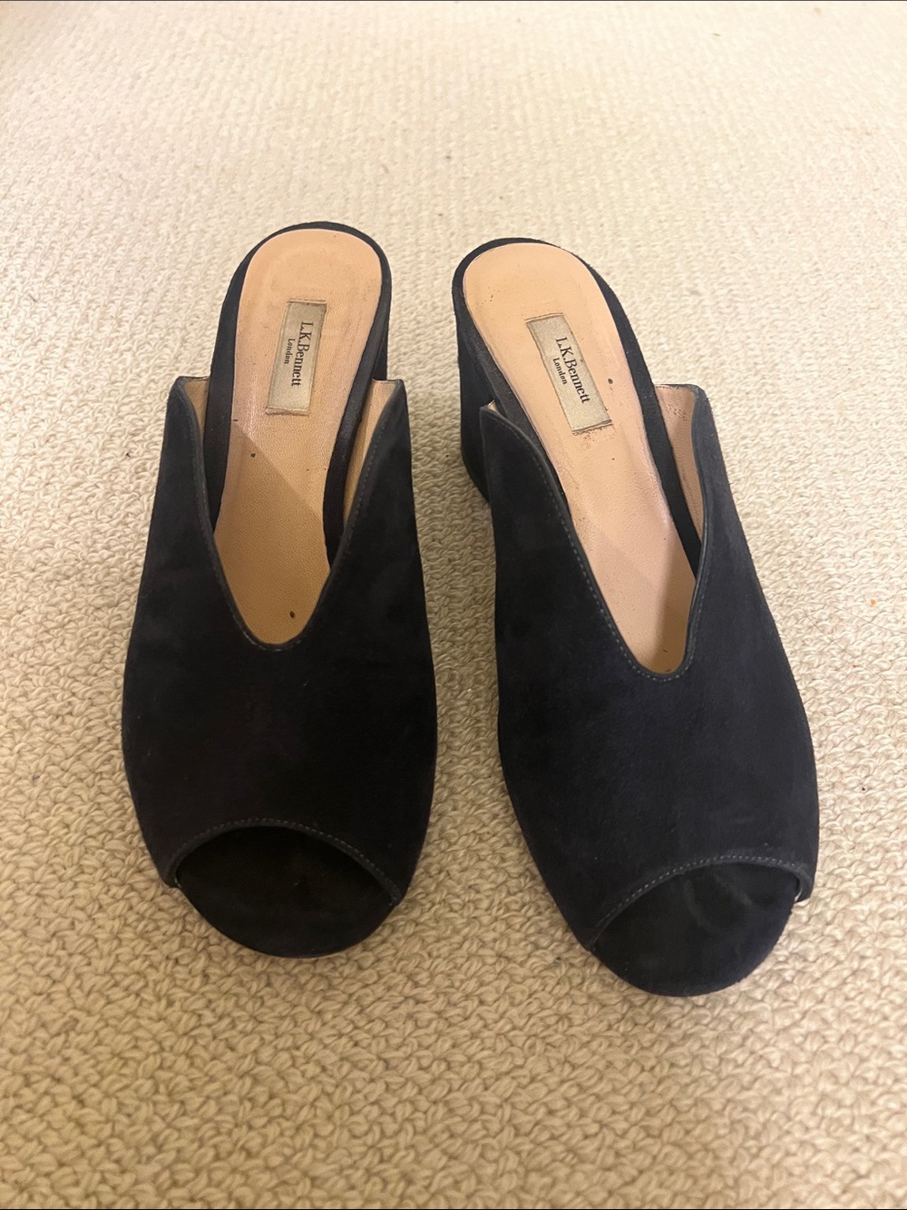 LK Bennett Black Suede Peep-Toe Mule Heels